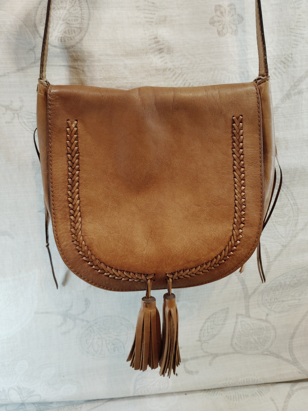 Lucky Brand Brown Genuine Leather Crossbody Saddle Bag with Tassels